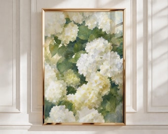 White Hydrangea Watercolor Print | Vintage Grandmillennial Floral Wall Art