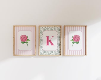 Aangepaste bloemenmonogramprintset: roze preppy slaapkamerdecor (digitale download)
