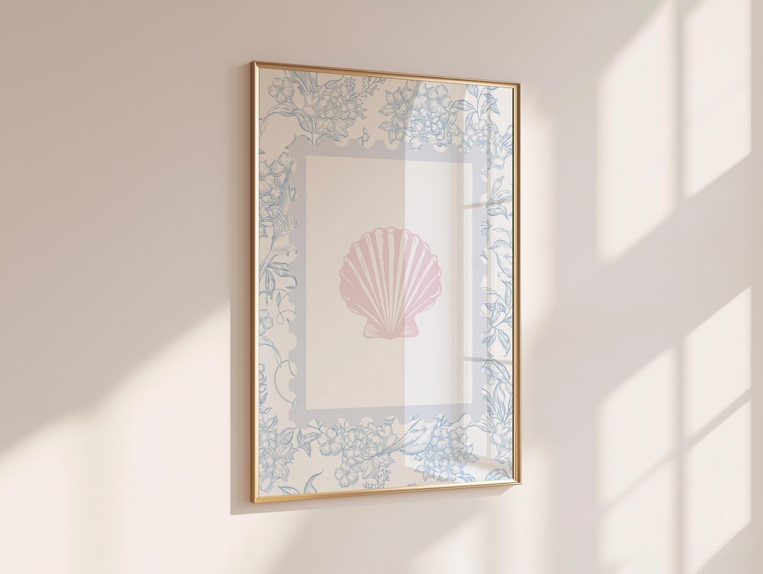 Blue and Pink Seashell Print: Beach Nursery Coastal Wall Art (digital ...