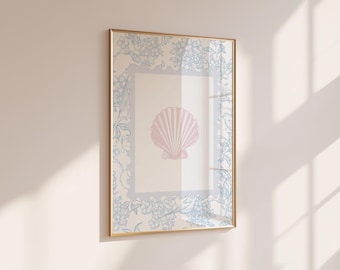 Blue and Pink Seashell Print: Beach Nursery Coastal Wall Art (Digital Download)