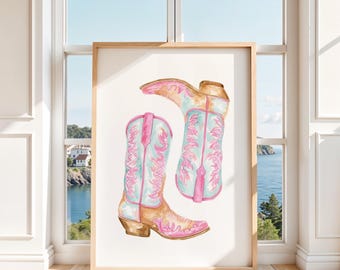 Pink Watercolor Cowgirl Boots Print | Coastal Cowgirl Western Wall Art Poster