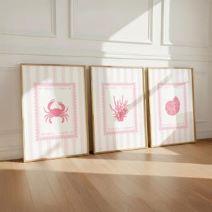 Pink Striped Coastal Trio Print Set | Beachy Grandmillennial Decor | Preppy Pink Shell Wall Art