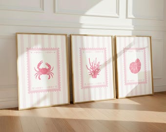 Conjunto de estampados de tres rayas costeras rosas / Decoración playera de estilo Grandmillennial / Arte de pared con conchas rosas preppy