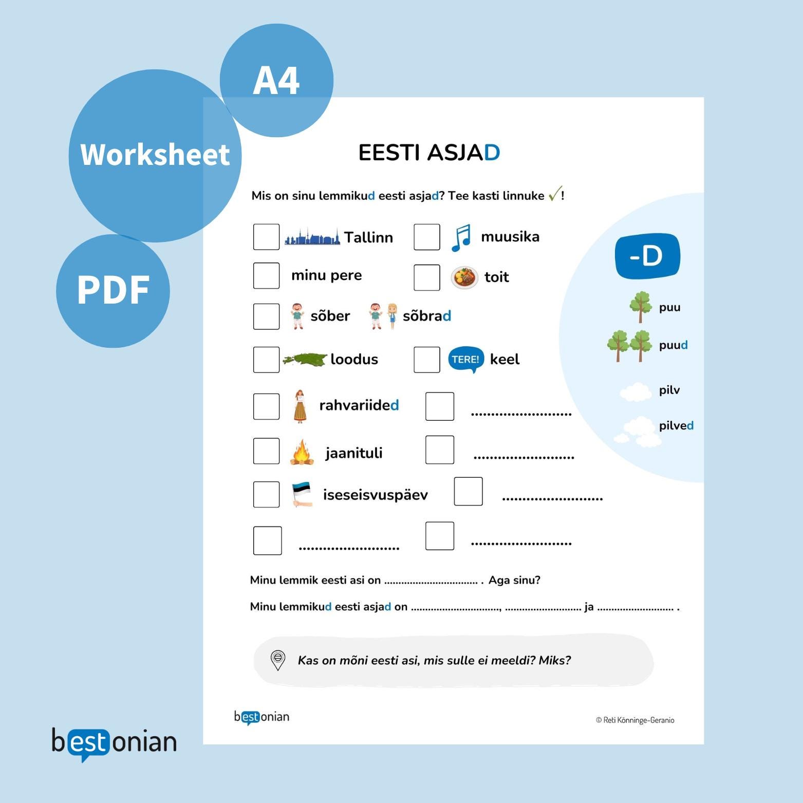 エストニア語学習ワークシート – エストニア語の物、複数形（PDF
