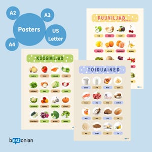 May include: Educational posters featuring colorful illustrations of fruits, vegetables, and food items. The posters are labeled in Estonian, with English text for "Posters" and "US Letter". The posters are designed for educational purposes.