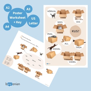 May include: Educational poster and worksheet set featuring cats and cardboard boxes. The poster includes the text "KUS?" and various Estonian words. The worksheet has a key and is designed for learning. The set is labeled with A2, A3, and A4 sizes.