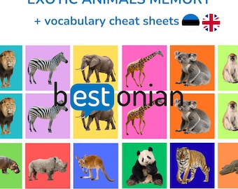 Jeu de mémoire bilingue d'animaux exotiques « Eksootiliste loomade memoriin » PDF (estonien/anglais)