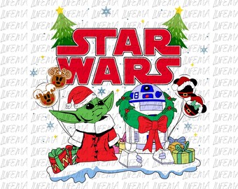 Peut inclure: Graphique festif Star Wars avec Yoda en costume de Père Noël et R2-D2 avec une couronne. Le design comprend le logo Star Wars en rouge, des sapins de Noël et des boîtes cadeaux. Le fond est blanc avec un motif répétitif.
