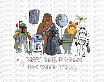 May include: A cartoon illustration featuring Star Wars characters including Darth Vader, Chewbacca, and a Stormtrooper. The phrase "May the Force Be With You" is written below the characters. The background is a pattern of the word "LIFEMA".