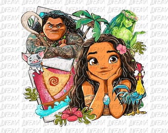 May include: A colorful illustration featuring characters from a popular animated movie. The image includes a central female character with long brown hair, surrounded by other characters, tropical flowers, and a rooster. The background is a repeating pattern of the word "LIFEMA".