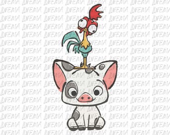 May include: A cartoon illustration featuring a pig with a rooster perched on its head. The pig is white with black spots and pink ears. The rooster is blue, yellow, and red. The background is a pattern of the word "LIFEMA".