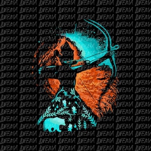 May include: A graphic illustration featuring a figure with a bow and arrow, set against a mountain landscape. The design incorporates teal and orange hues, with a bear and foliage elements. The background is filled with the word "LIFEMA".