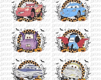 Puede incluir: Un diseño temático de Halloween con seis coches de dibujos animados disfrazados. Cada coche está rodeado por una corona, calabazas y murciélagos. Los coches están disfrazados de vampiro, momia y otros personajes espeluznantes.