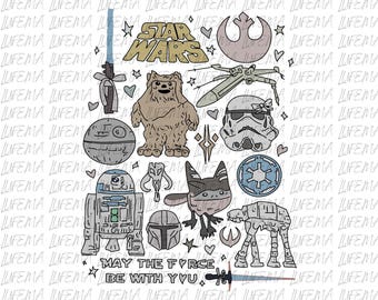 May include: A collection of Star Wars themed illustrations, including characters like an Ewok, a Stormtrooper, and R2-D2. The phrase "MAY THE FORCE BE WITH YOU" is also included, along with other iconic symbols.