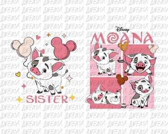 May include: A graphic featuring the Disney movie Moana. The image showcases multiple illustrations of a pig character, some holding Mickey Mouse-shaped balloons. The word "Moana" is displayed in pink, along with the word "Sister".