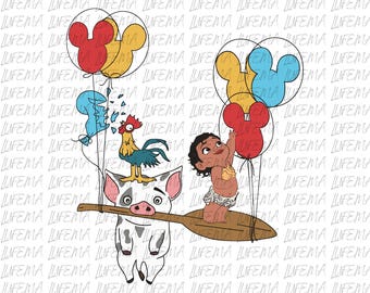 May include: A whimsical illustration featuring characters from a popular animated film. The image includes a pig holding an oar, a rooster, a baby, and balloons shaped like Mickey Mouse heads in red, yellow, and blue. The background is a repeating pattern of the word "LIFEMA".