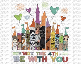 May include: A colorful graphic featuring Star Wars characters in a castle design, with Mickey Mouse-shaped balloons and fireworks. The text reads "MAY THE 4TH BE WITH YOU."