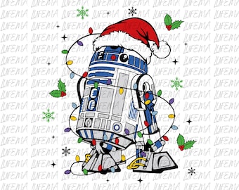 Peut inclure: Graphique du droïde Star Wars R2-D2 portant un bonnet de Père Noël et des guirlandes lumineuses. Le droïde est blanc et bleu avec un chapeau rouge, entouré de houx et de flocons de neige. Le fond répète le mot "LIFEMA".