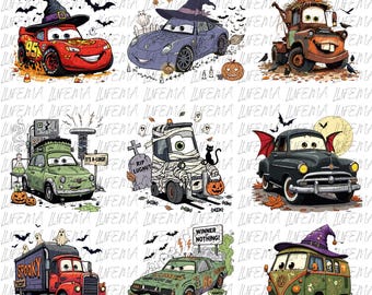 Puede incluir: Una colección de ilustraciones de coches con temática de Halloween. Cada coche está decorado con elementos espeluznantes como sombreros de bruja, calabazas, murciélagos y vendas de momia. Los diseños incluyen un coche de carreras, una grúa, un coche clásico y una furgoneta.