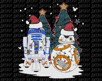 Peut inclure: Illustration festive avec R2-D2 et BB-8, portant des bonnets de Père Noël et des guirlandes lumineuses. Deux sapins décorés se dressent derrière eux, avec des flocons de neige et une étoile. Le fond est noir avec le mot "LIFEMA" répété.