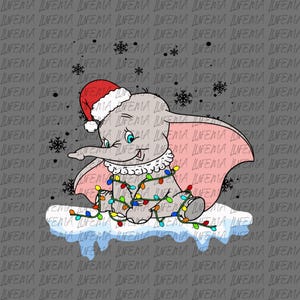 May include: A cartoon illustration of Dumbo the elephant wearing a Santa hat and wrapped in Christmas lights. The background is gray with the word "LIFEMA" repeated. Snowflakes are scattered around the elephant.