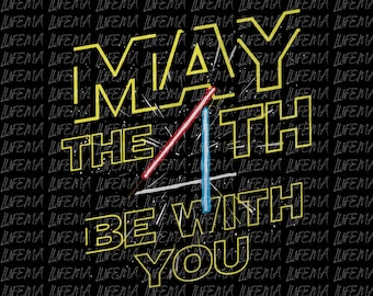 May include: Black graphic design with the text "MAY THE 4TH BE WITH YOU" in yellow, with red and blue lightsaber illustrations. The background is covered with the word "LIFEMA" in a repeating pattern.
