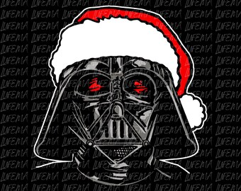 Peut inclure: Illustration graphique de Dark Vador portant un bonnet de Père Noël. L'image présente un portrait en noir et blanc du personnage avec des yeux rouges, sur un fond noir avec le mot "LIFEMA" répété. Le bonnet de Père Noël est rouge et blanc.