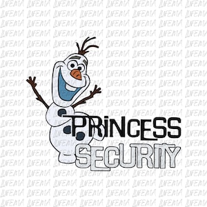 以下が含まれることがあります： 白黒で「PRINCESS SECURITY」の文字が入った、雪だるまのオラフの漫画の画像。オラフは人参の鼻、小枝の腕、青い口をしています。背景は「LIFEMA」という単語の繰り返しパターンです。