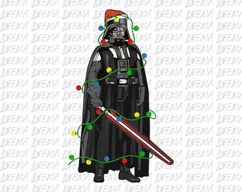 Peut inclure: Illustration de Dark Vador portant un bonnet de Père Noël et des guirlandes lumineuses, tenant un sabre laser rouge. Le fond présente un motif répété du mot "LIFEMA".
