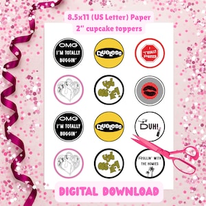 Clueless Cupcake Toppers | Printable 90s Party Decor Totally Buggin’ Digital Download 8 Designs 2&quot; Circle Birthday Tag Stickers