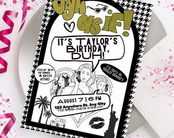 Clueless Birthday Invitation | Canva Template 90s Party Invite Editable Cher Printable Black White Digital Download