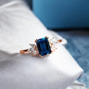 Emerald Cut London Blue Topaz Engagement Ring 14K Yellow Gold Bridesmaid Jewelry Delicate Art Deco Personalized Gift For Her Vintage Ring