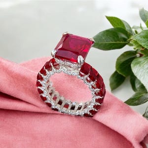 Hidden Halo Elegant Red Ruby Wedding Bridal Ring Solid Gold, Art Deco 3.5CT Emerald Cut Ruby Jan Birthstone Gemstone Engagement Ring Jewelry