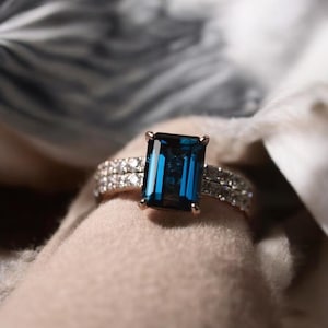 Emerald Cut London Blue Topaz Engagement Ring 14K Yellow Gold Bridesmaid Jewelry Delicate Art Deco Personalized Gift For Her Vintage Ring