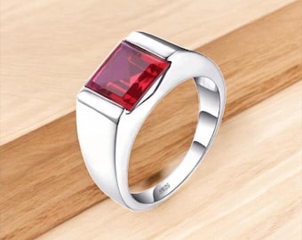 Lab Created Ruby Ring 18k/14k /10k Solid Yellow Gold For Men Gold Band Red Gemstone Statement Rings Engagement Ring Wedding RingGift For Him