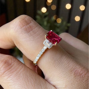 14k Gold Rubinring, Stapelband im Smaragdschliff