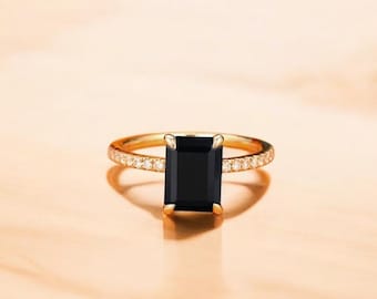 Vintage Black Onyx Engagement Ring, Wedding Bridal Ring • Dainty Black Diamond Cocktail Ring in Gold • Art Deco Jewelry • Gift for Her,