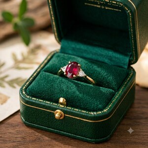 May include: A gold ring featuring a central oval-cut red ruby flanked by two smaller pear-shaped white diamonds, presented inside a square, dark green velvet-lined jewelry box with gold-toned trim and a metallic latch closure.