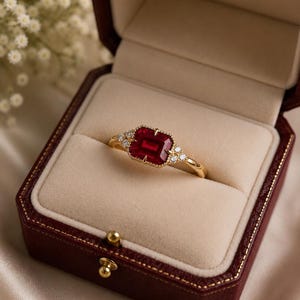 May include: A gold ring featuring a rectangular, deep red gemstone set in a prong setting with a beaded edge. The band is accented on both sides by three small, clear, round-cut stones arranged in a triangular cluster, presented in a box.