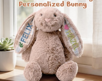 Custom Personalized Bunny Rabbit, Embroidered with Name and Icon, Baby Shower Gift, Newborn Gift, Easter Gift, Soft Plush Toy