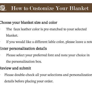 May include: A graphic with the text "How to Customize Your Blanket" and instructions for choosing size and color, entering personalization details, and reviewing the order. The text is in black on a white background.