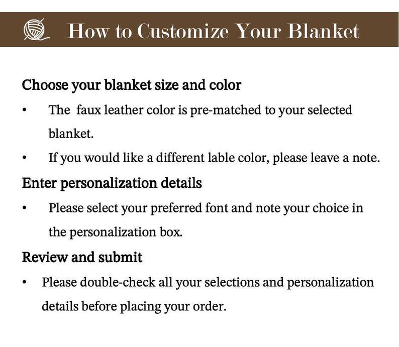 May include: A graphic with the text "How to Customize Your Blanket" and instructions for choosing size and color, entering personalization details, and reviewing the order. The text is in black on a white background.