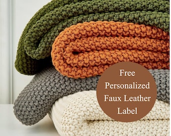 Custom Blanket with Engraved Leather Patch, Personalized Throw with Name, Anniversary Gift, Birthday Gift, Mother's Day Gift, Wedding Gift