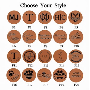 May include: A selection of personalized round leather patches in various styles. The patches feature initials, names, and designs, including a heart, floral elements, and paw prints. The text "Choose Your Style" is at the top.