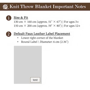 May include: Informational graphic for a knit throw blanket. Text includes size and fit details: 51" x 67" and 59" x 80". It also specifies label placement and diameter of 2.36". The blanket is suitable for ages 3+ and 12+.