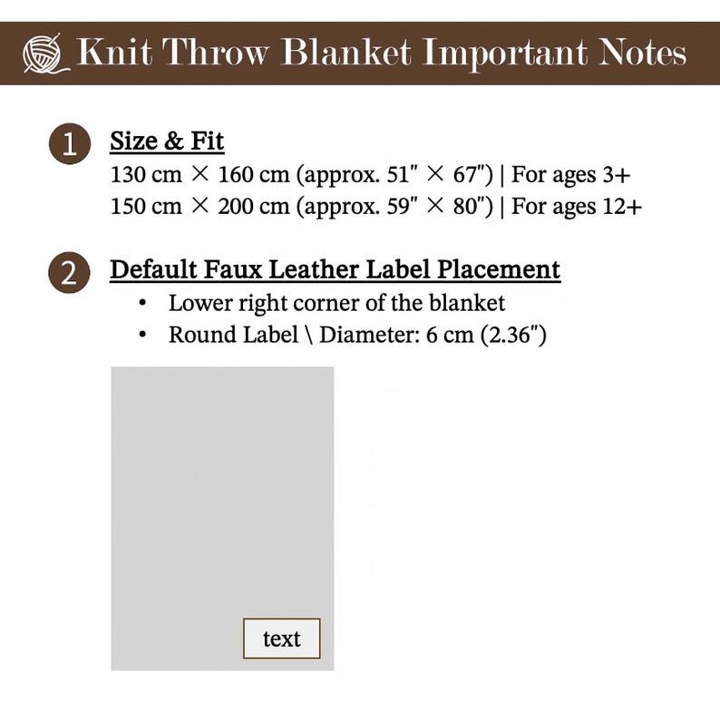 May include: Informational graphic for a knit throw blanket. Text includes size and fit details: 51" x 67" and 59" x 80". It also specifies label placement and diameter of 2.36". The blanket is suitable for ages 3+ and 12+.