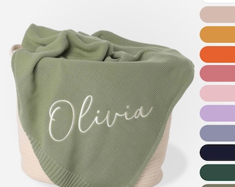 Custom Personalized Organic Cotton Knit Baby Throw Blanket, Embroidered with Name and Birthday, Newborn Gift, Baby Shower Gift, 30" × 40"