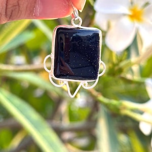 Celestial Blue Sandstone Sterling Silver Pendant - Handmade Silver Jewelry with Scrollwork - Midnight Blue Gemstone Necklace