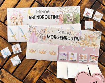 May include: A set of pink and white routine charts with illustrations of a castle, princess, and knight. The charts have the text "Meine Abendroutine" and "Meine Morgenroutine". Includes small cards with icons and text.