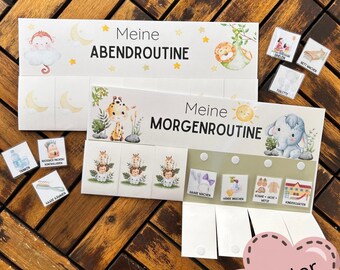 May include: A set of children's routine charts with the text "Meine Abendroutine" and "Meine Morgenroutine." The charts feature illustrations of animals, moons, stars, and activity icons. A pink digital download tag is visible.